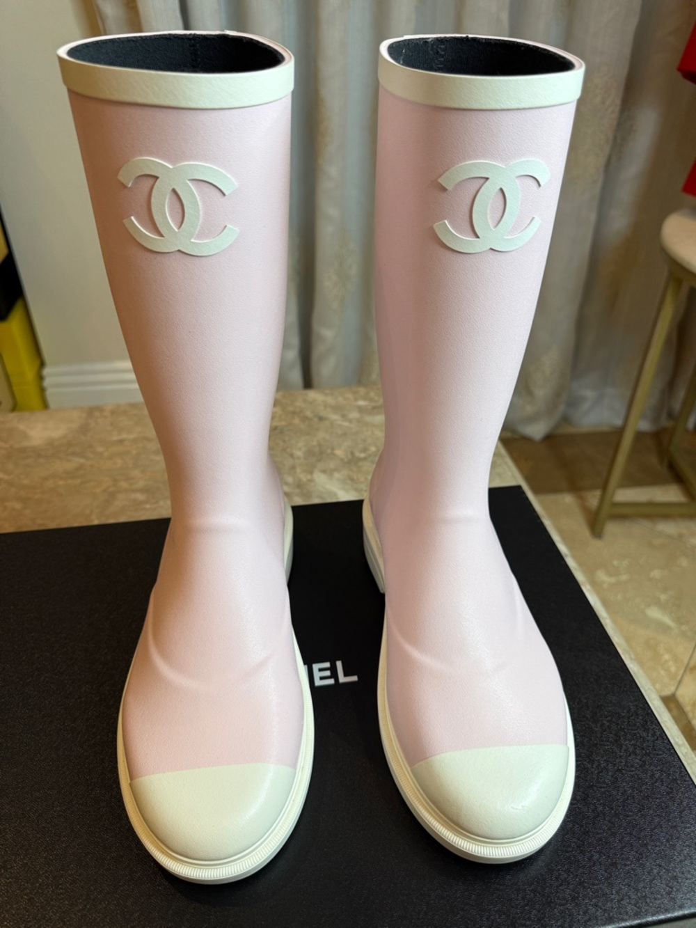 CHANEL Pale Pink and White Rubber Knee-High Rain Boots - Picture 10 of 11